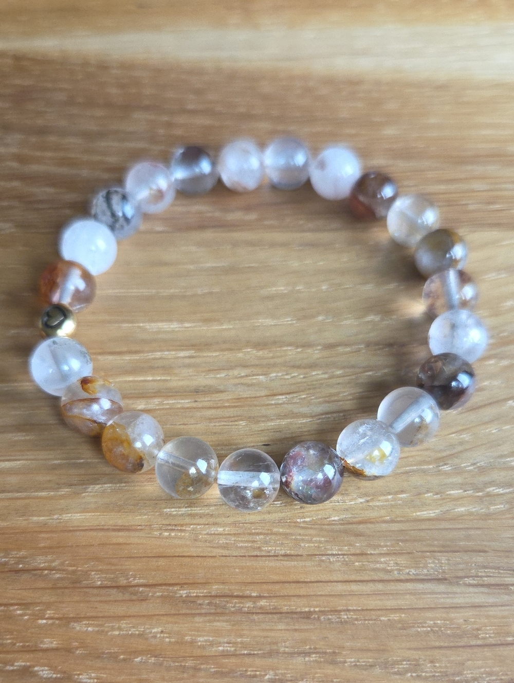 Gold Red Rutilated Quartz Beaded Stretch Bracelet | Handmade - Picture 5 of 9